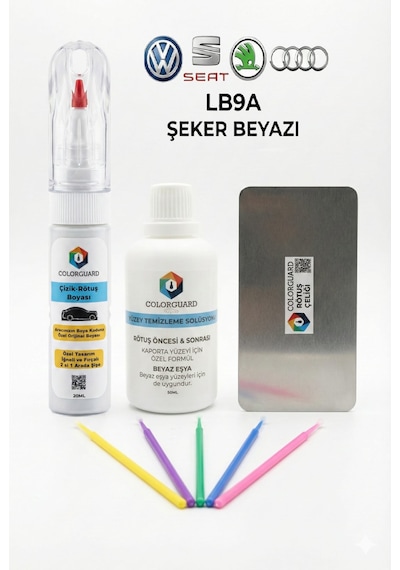 Volkswagen-seat-škoda-audi Lb9a Şeker Beyazı İğneli Ve Fırçalı 2 Si 1 Arada Rötuş Boyası Yüzey Temizleme Solüsyonu Profesyonel Ve Çapaksız Rötuş Çeliği 5'li Uygulama Çubuğu Seti