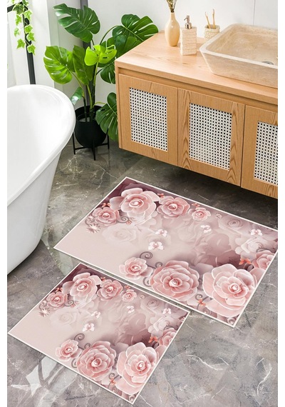 Dijital Baskı Gül Desen Kaymaz Taban 2li Set Banyo Paspası Klozet Takımı 50x60cm-60x100cm Pembe