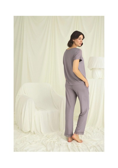 Litae Herşeytrend Kısa Kollu V Yakalı Dantelli Pijama Takımı Gri