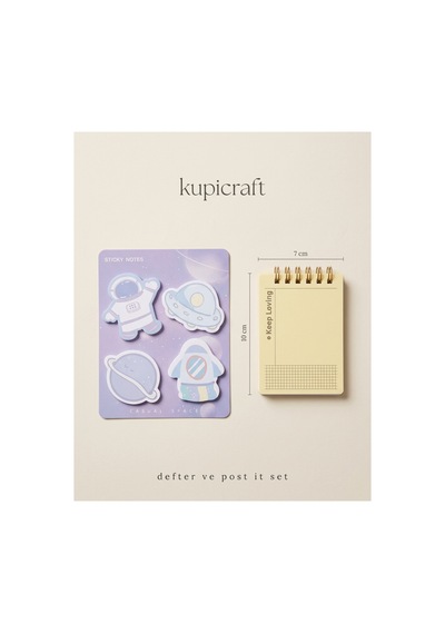 Çizgili Sarı Mini Defter Ve Uzay Temalı Post İt Seti Sarı - 942413394 Sarı