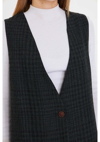 Armonika Kadın Haki V Yaka Tek Düğmeli Oversize Desenli Yelek Arm-25k001110