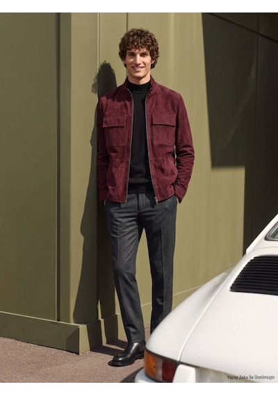 Kip Bordo Regular Fit Dik Yaka Casual Süet Deri Mont