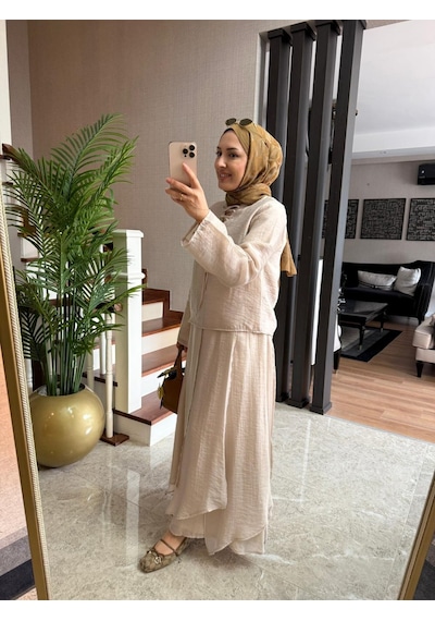 Zara Tensel Bağcık Detaylı Bluz Ve Çok Parçalı Astarlı Etek Takımı Bebe Mavisi & Bej