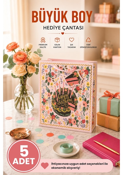 5 Adet 32 X 26 X 14 Cm - Doğum Günü Pastalı Çiçek Desenli Büyük Boy Karton Hediye Çantası 3+
