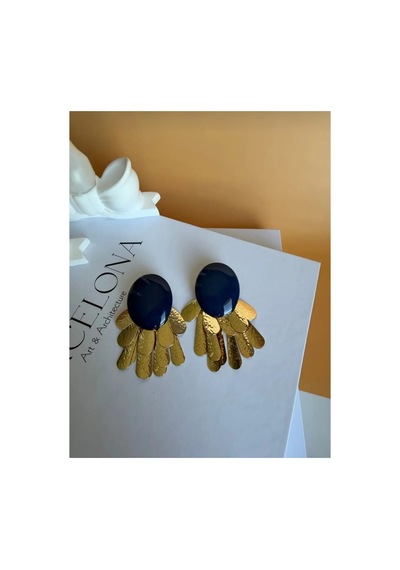Lunarie Vintage Siyah Oval Taşlı Yaprak Sallantılı Küpe Altın