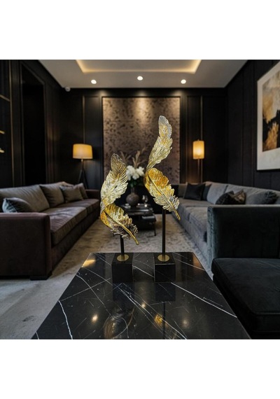 Olden Feather Metal Dekoratif Obje Modern Lüks Tüy Tasarım Masa Üstü Ev & Ofis Aksesuarı