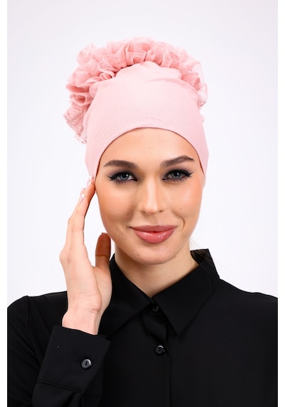 Loggia Fırfırlı Dikişsiz Penye Bone Pembe - Kadın Tesettür Bağlamalı Topuz İç Bone Pudra Pembe