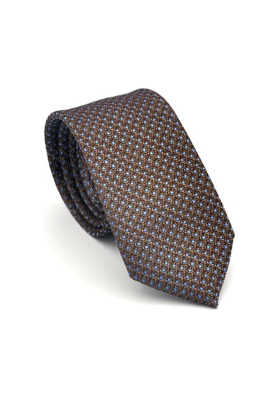Gaffy Mavi Nokta Desenli Kahverengi Dokuma Kumaş Mendilli Slim Fit Kravat // Sdk-2510-5 Kahverengi