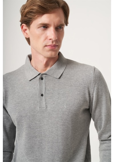 İmza Gri Polo Yaka Uzun Kol Örme Comfort Fit Pamuklu Kazak 1012265150