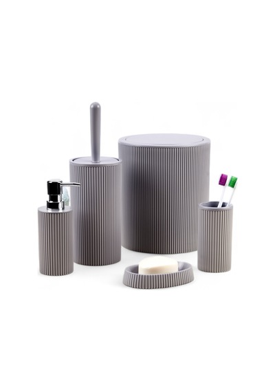 5'li Modern Ve Şık Banyo Seti, Sıvı Ve Katı Sabunluk, Diş Fırçalık, Çöp Kovası, Klozet Fırçası Gri