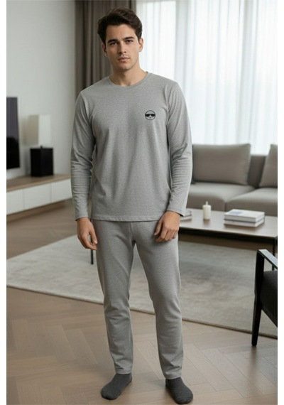 Siyah İnci Uzun Kollu Örme Erkek Pijama Takım 7795 Gri Melanj