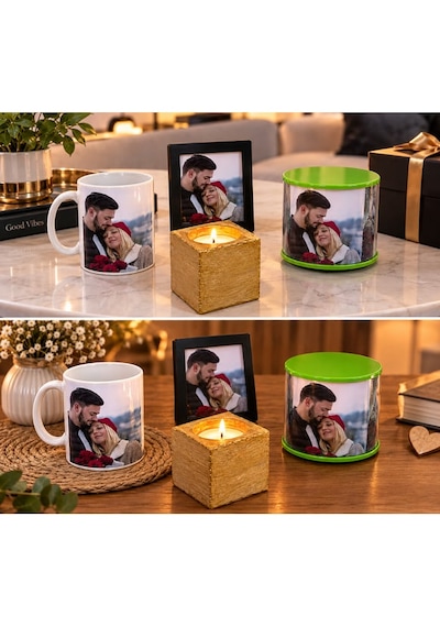 Kişiye Özel Hediye Seti-fotoğraflı Kupa Bardak-fotoğraf Çerçevesi-dönen Silindir Fotoğraf Çerçevesi-altın Gold Mum 1set