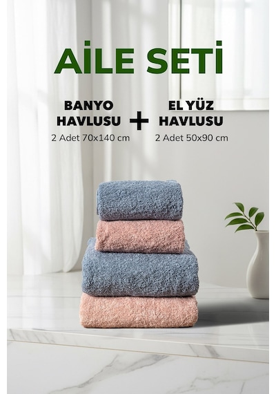 4 Lü Çizgili Pudra Mavi Aile Seti Yumuşak Pamuk El Yüz Banyo Havlusu 50x90 Cm 70x140 Cm Renklı