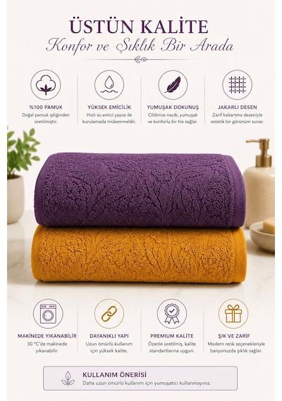 2'li Jakarlı Büyük Boy Banyo Havlusu 90x150 Cm %100 Pamuk Lorea 650 Gr Hardal-mor