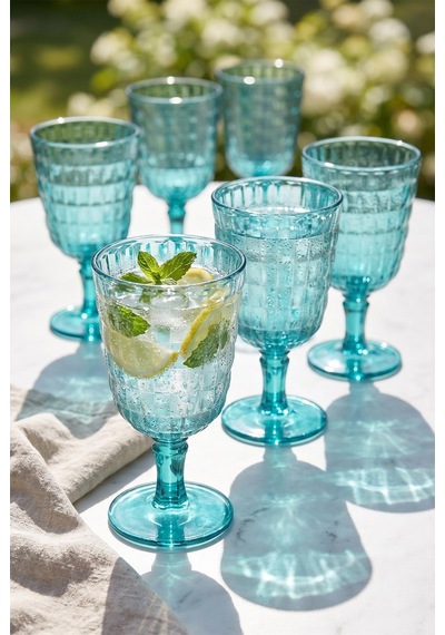 Akrilik Allegra Aquamarin 7 Parça Kadeh & Su Meşrubat Bardağı 450 Ml Ve Akrilik Allegra Aquamarin 1,5 Lt Sürahi Cam Değildir Turkuaz