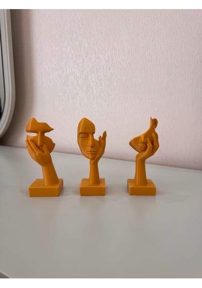 Modern Yüz Figürlü 3 Lü Dekoratif Heykel Seti-ev Ve Ofis Dekorasyonu Biblo 15 Cm Mat Gold