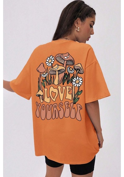 Uyguntarz Unisex Love Yourself Baskılı T-shirt Turuncu