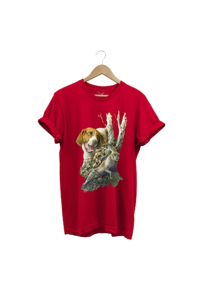 Avcılık Avcı Köpeği Ve Tavşan Baskılı Orman Temalı %100 Pamuk Regular Fit Kırmızı T-shirt Kırmızı
