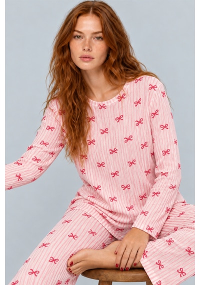 Kadın Çizgili Rahat Kalıp İkili Açık Pembe Pijama Takımı 4805