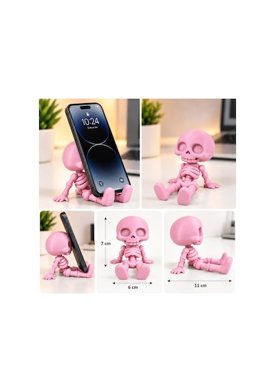Sevimli İskelet Telefon Standı Dekoratif Masaüstü Telefon Tutucu - Pembe