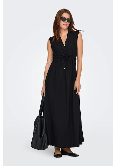 Only Kadın Onlgoa Kruvaze Yaka Beli Lastikli Keten Maxi Elbise 15363694 Siyah