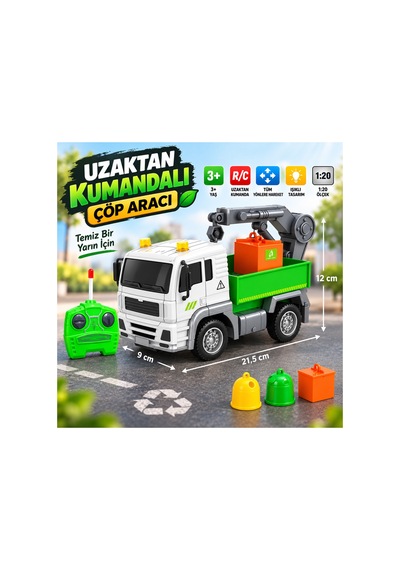 Uzaktan Kumandalı Çöp Kamyonu 1:20 Ölçek, Hareketli Vinçli Yeşil - 919420546 Yeşil