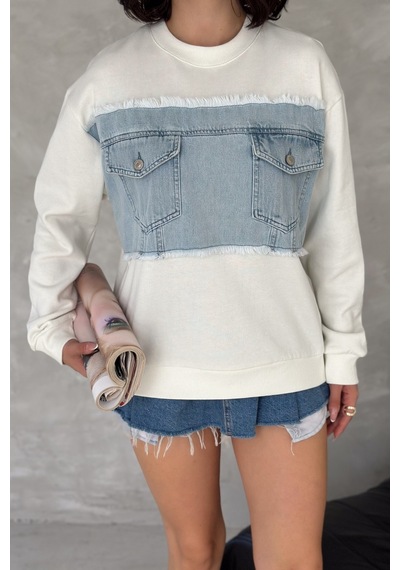 Femelle Kadın Beyaz Kot Detaylı İçi Pamuklu Sweatshirt - S64