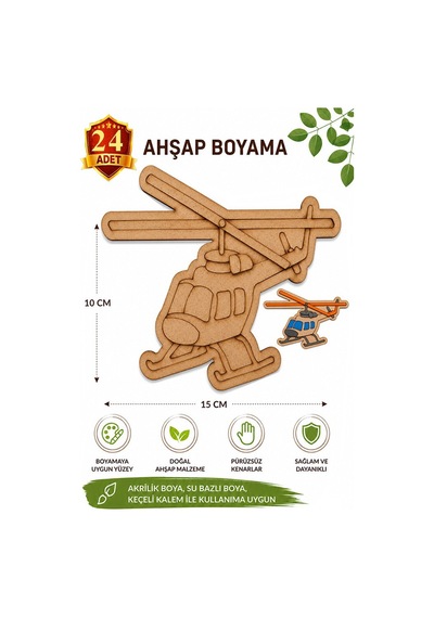 Ahşap Boyama Helikopter 24 Adet 10x15cm Araba Boyama Figürü Etkinlik Çoçuk Gelişim Motor Beceri Kreş Anasınıfı