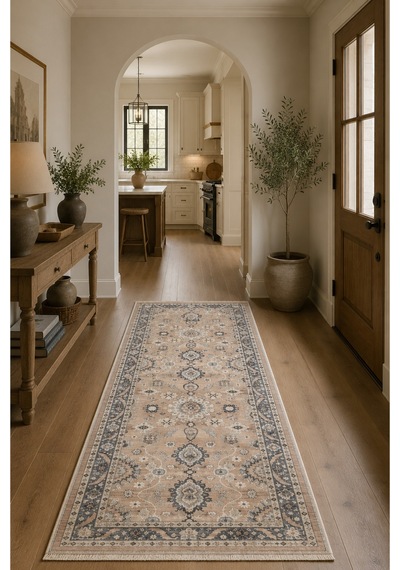 Salon Halısı Bej Gri Çiçek Desenli Kaymaz Taban Th-3026-1 Bej - Somon - Gri