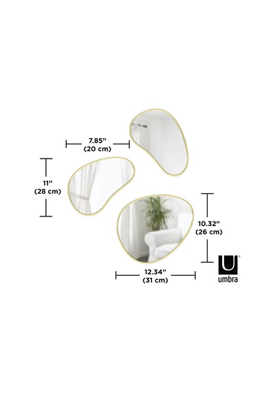 Hubba Pebble Duvar Montaj Aynaları, 3'lü Set, Pirinç &