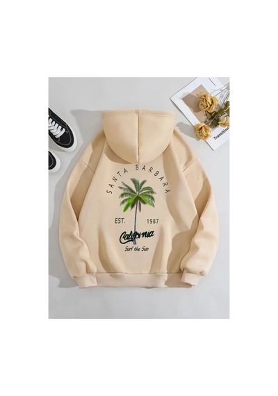 Medinenur Santa Barbara Baskılı Kapüşonlu Cepli Sweatshirt Bej