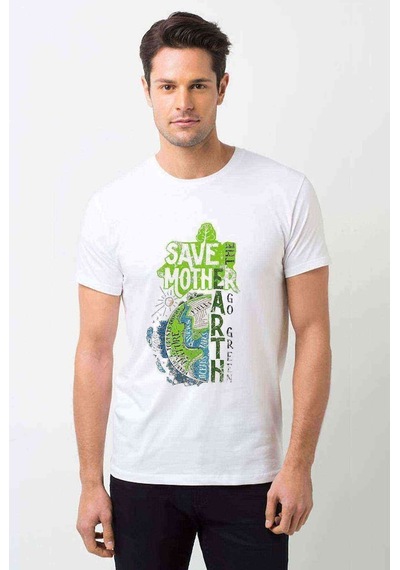 Green Earth Baskılı Beyaz Erkek Tshirt