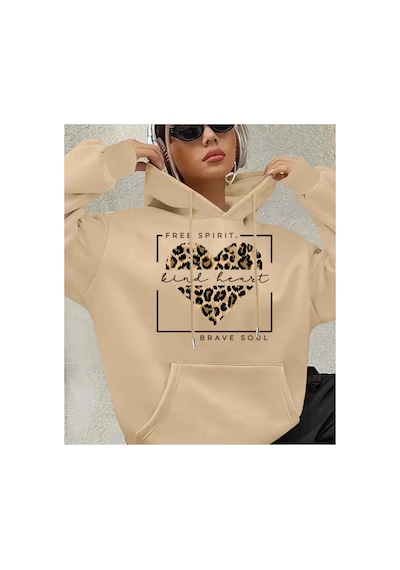 Herkesemoda Free Spırıt Yazı Detaylı Kapüşonlu Sweatshırt Bej Bej