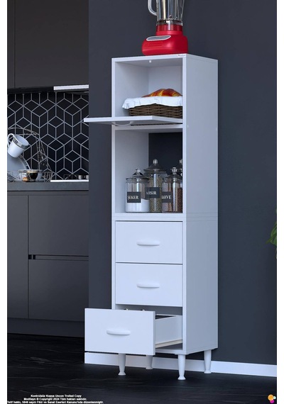 Nola 40 Cm Üstü Kapaklı 3 Çekmeceli Çok Amaçlı Mutfak Kiler Banyo Erzak Depolama Dolabı 40x150x32 Cm Beyaz
