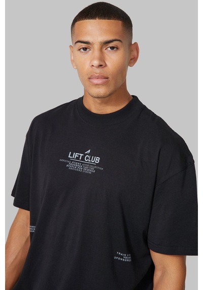 T-shirt - Lift Club Baskılı Oversize Bisiklet Yaka Kısa Kol Siyah Tişört Siyah