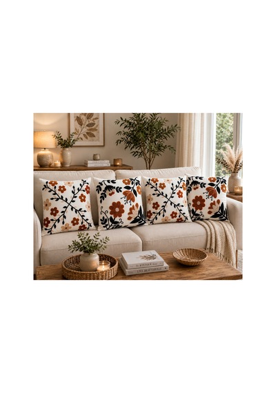 Dijital Baskılı Punch Nakış Görünümlü Çicek Desenli Dekoratif Kırlent Kılıfı 43x43 Cm Fermuarlı 4 Lü Set Bej Bej