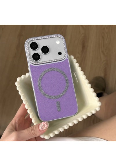 Apple iPhone Uyumlu 17 Pro Max Uyumlu - Simli Magsafeli Kamera Çevresi Taşlı Yanları Silikon Kılıf Mor