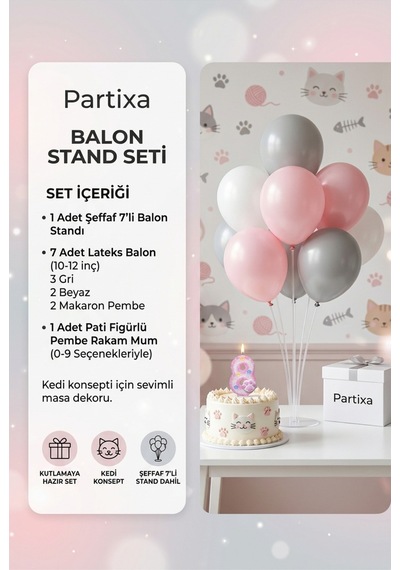 Kedi Temalı Pati Figürlü Rakam Mum Ve Balon Standı Seti - Doğum Günü Parti Süsleri 0-9 Yaş 0-99