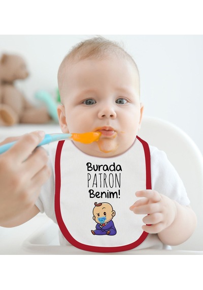 BK Kids Burada Patron Benim Tasarımlı Kırmızı Bebek Mama Önlüğü-1 Kırmızı