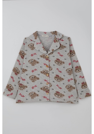 Breeze Kız Çocuk Pijama Takımı Sevimli Fiyonklu Ayıcık Desenli 7-11 Yaş, Açık Gri Melanj