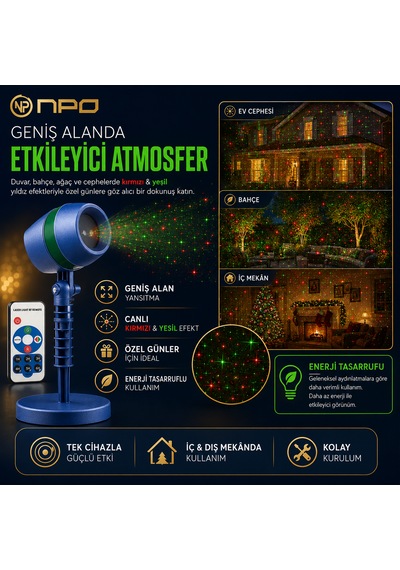 Npo Sh01 Star Shower Kırmızı Yeşil Lazer Işık Projektörü Kumandalı Bahçe Duvar Yıldız Efekti Lacivert