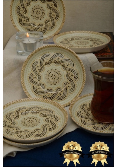 Efes 6 Adet 12cm Porselen Çay Tabağı Kırık Beyaz Çok Renkli