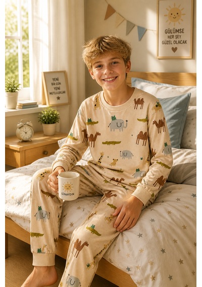 Durukoza %100 Pamuk 4 Mevsim Çocuk Pijama Takımı 8-13 Yaş Yumuşak Dokulu Açık Bej