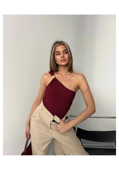 Pera Butik Özlem Yılmaz Tek Omuz Bluz Siyah&bordo Bordo