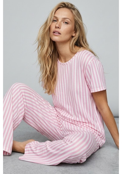 Siyah İnci İnce Soft Örme Mevsimlik Pijama Takımı 8003 Pembe Beyaz Çizgi