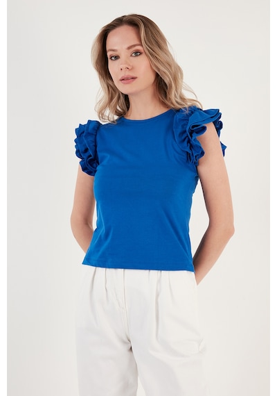 Lela Pamuklu Kolları Fırfırlı Slim Fit Bisiklet Yaka Bayan T Shirt 5864500 Saks