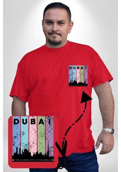 Angemiel Dubai Şehir Silüeti Renkli Şehir Kırmızı Büyük Beden Kadın Basic Minimal Baskılı Tişört Kırmızı