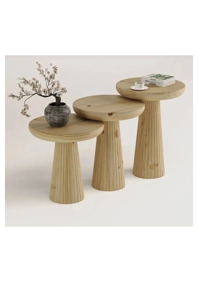 Wood Wooden 3 Lü Set Fitilli Mantar Yan Sehpa Modern Ahşap Renk