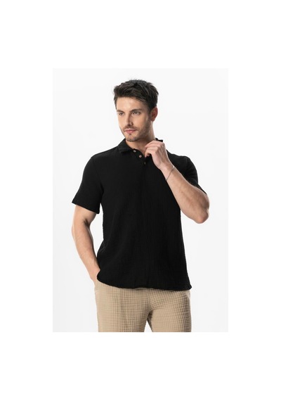 Kısa Kol Polo Yaka Müslin Yazlık Tshirt Siyah Syh Siyah