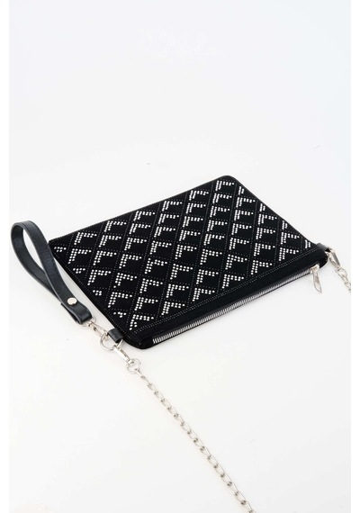 Vivaq Kadın Sıralı V Gümüş Taşlı Süet Bilek Askılı Ve Zincir Askılı Portföy Ve Clutch Çanta SİYAH